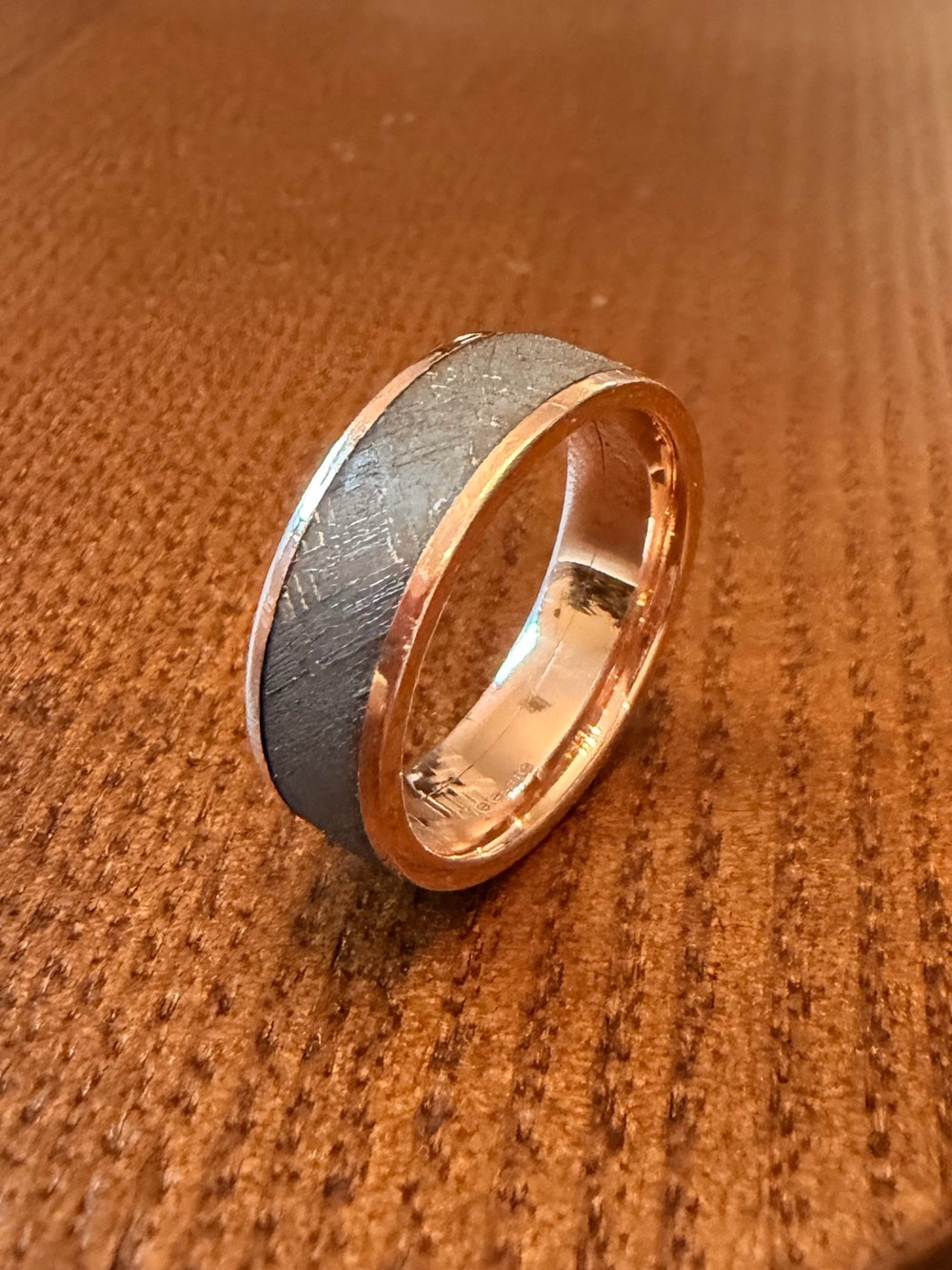 Solid Rose Gold Ring with Genuine Meteorite Inlay. Size 8.5